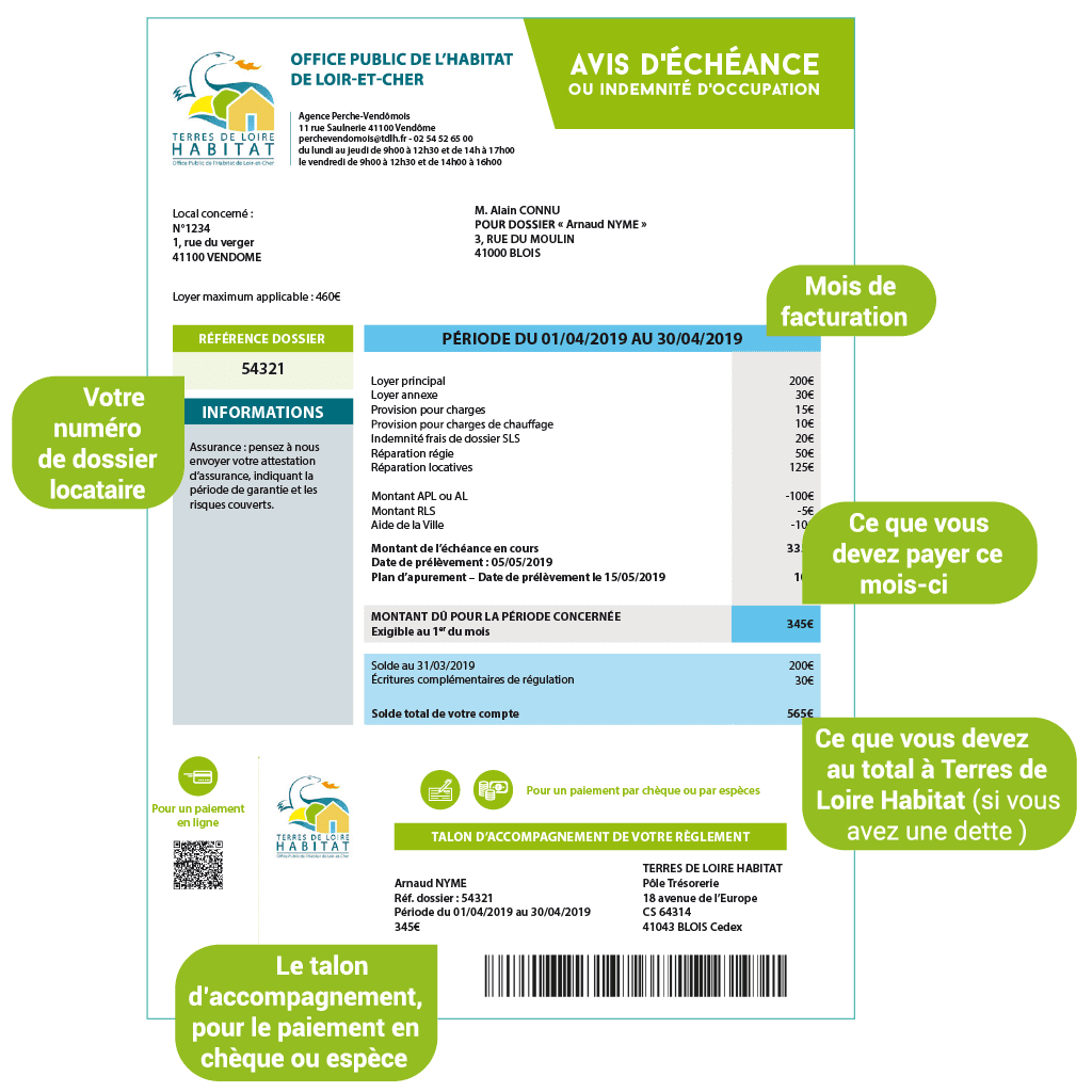 Exemple d'un avis d'échéance : - Les coordonnées de l'agence en charge de votre logement, votre adresse et vos informations sont affichées en haut de page. - votre numéro de dossier locataire est affiché en haut à gauche. - le mois de facturation est affiché à droite. - le montant du loyer est détaillé dans un tableau, avec ce que vous devez payer ce mois-ci indiqué en bas du tableau. - Si une dette s'applique, son montant est affiché en dessous du tableau, avec le montant total (loyer/charges + dette) - En bas du document, un talon d'accompagnement est fournis pour le paiement par chèque ou espèce.
